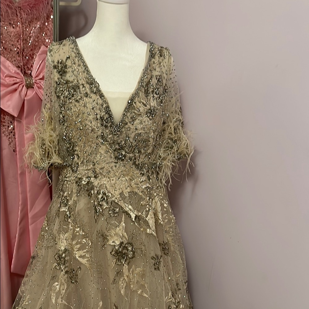 LARA 29622 DRESS Elegant Beaded Gown with Feather Details brand new